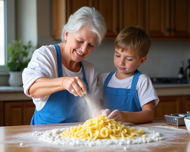 Nonna e nipote che preparano la pasta fresca